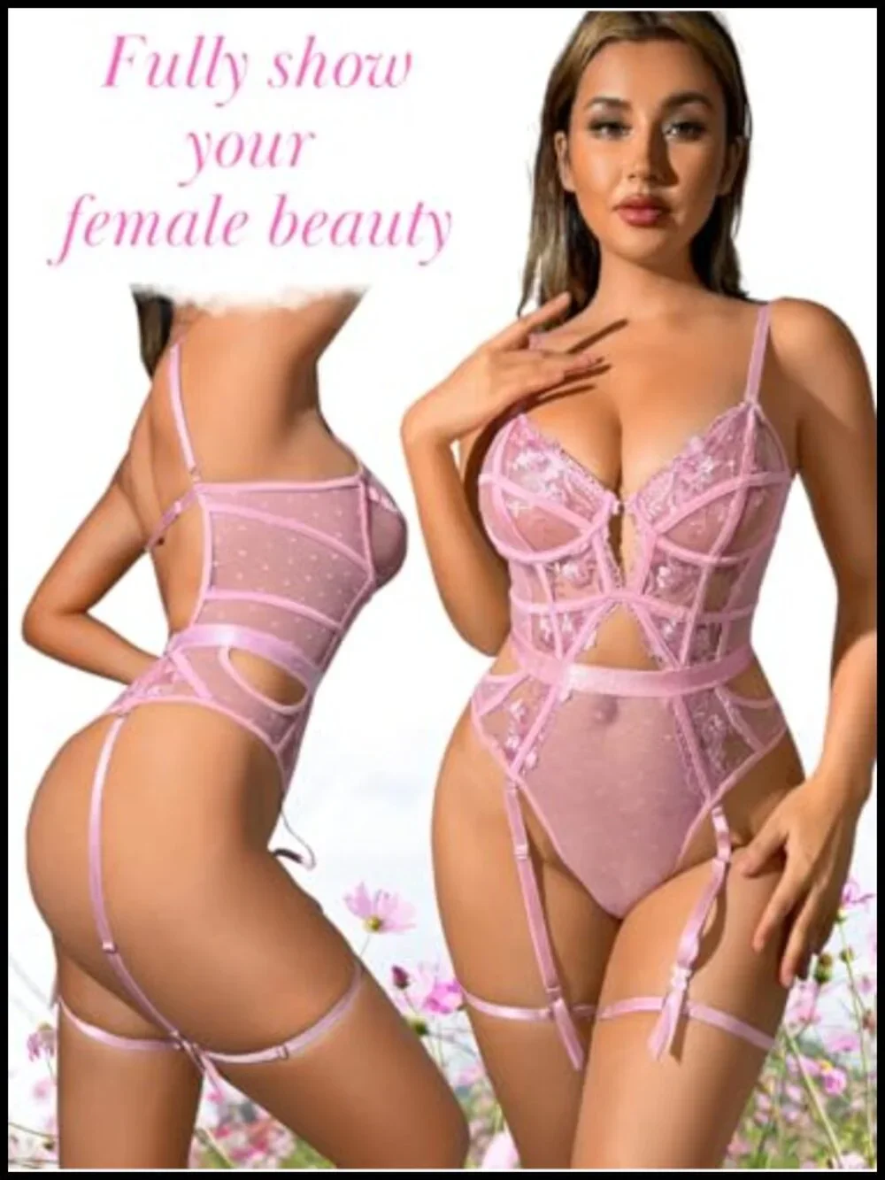 Floral Embroidered Underwire Backless Bodysuit with Removable Garters